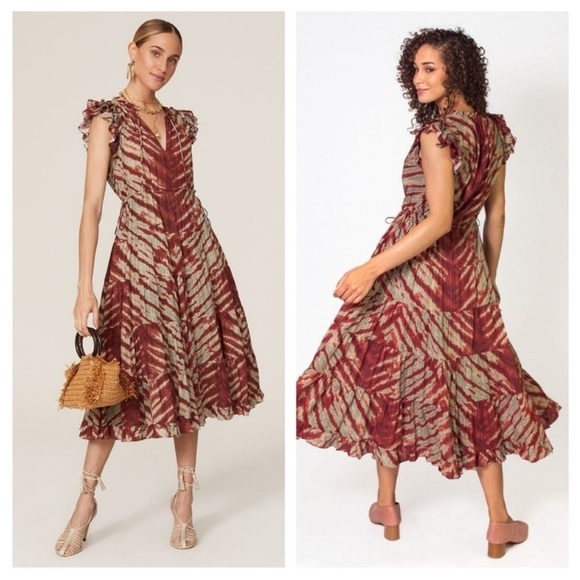 Ulla Johnson Dress Pilar Midi Ruffle In Canyon Red Green Tie Dye